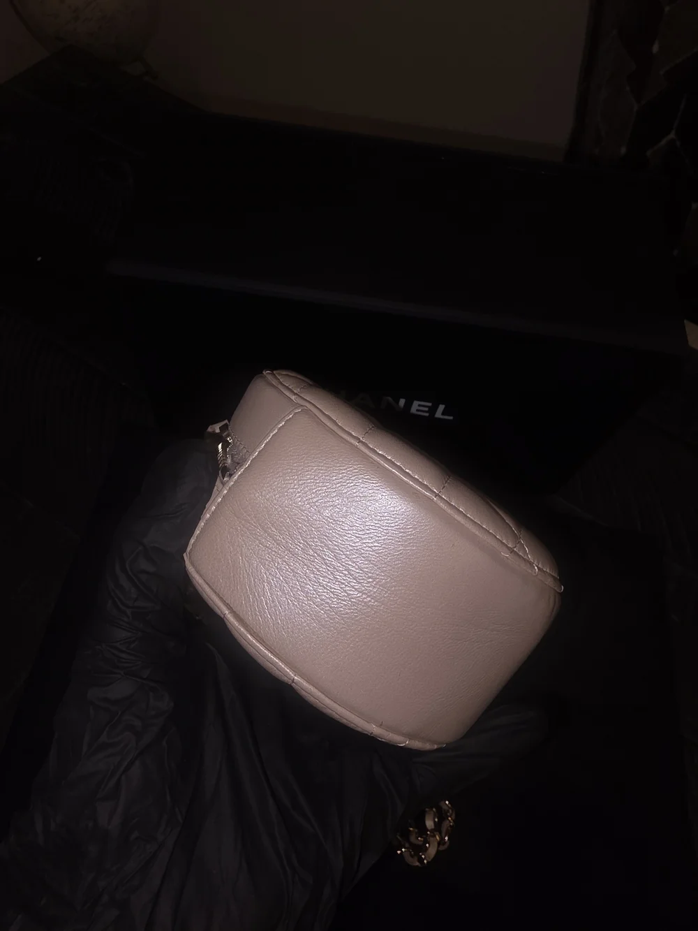 CHANEL Beige Iridescent Calfskin Quilted Round Pearl Chain Crossbody Bag